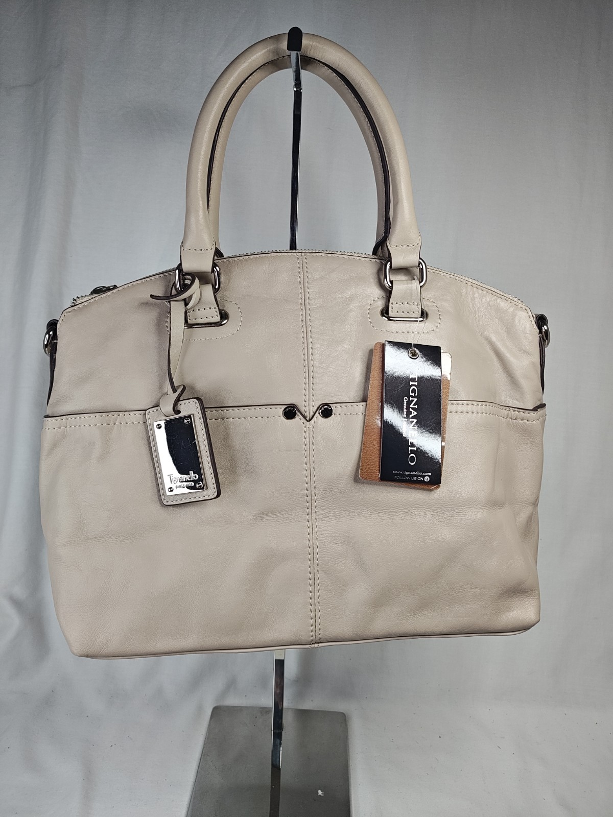 NWT Tignanello Polished Pockets Convertible Satchel Leather Bag Purse Cream