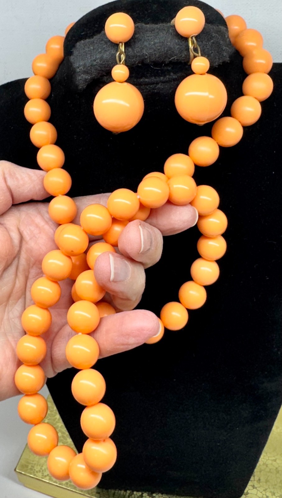 VINTAGE SIGNED WEST GERMANY YUMMY ORANGE CREME LUCITE BEAD NECKLACE EARRINGS SET