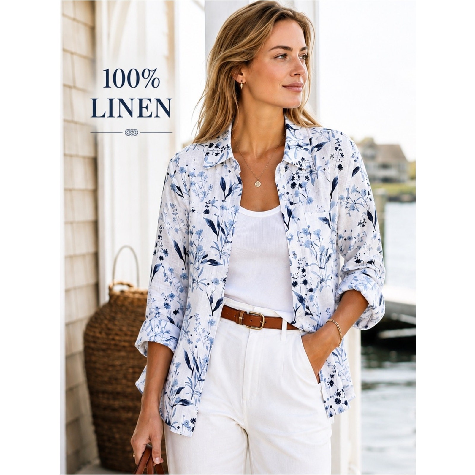 Coldwater Creek 100% Linen Botanical Print Jacket Shirt – XL – Blue & White