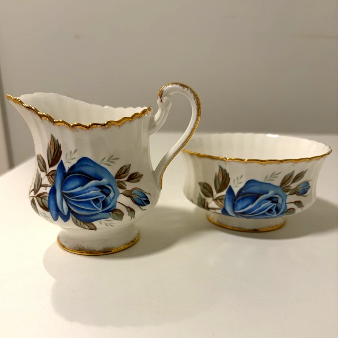 Vintage 50s Paragon Blue Rose Fluted Bone China Creamer & Sugar Set - England Vintage 50s Paragon Blue Rose Fluted Bone China Creamer & Sugar Set - England