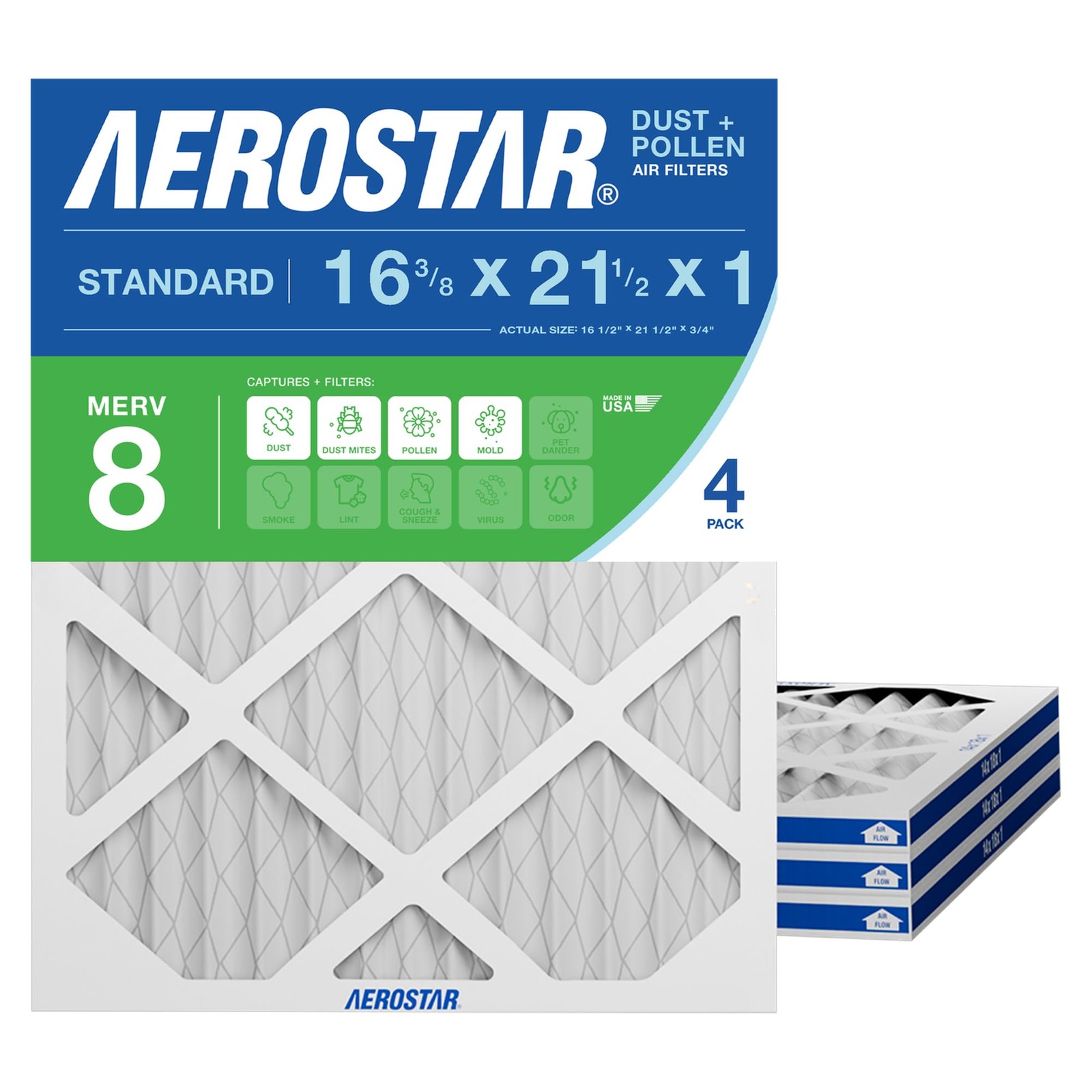 Aerostar Air Filter 16.375x21.5x1 MERV 8 AC Filter, Furnace 4 PACK, White