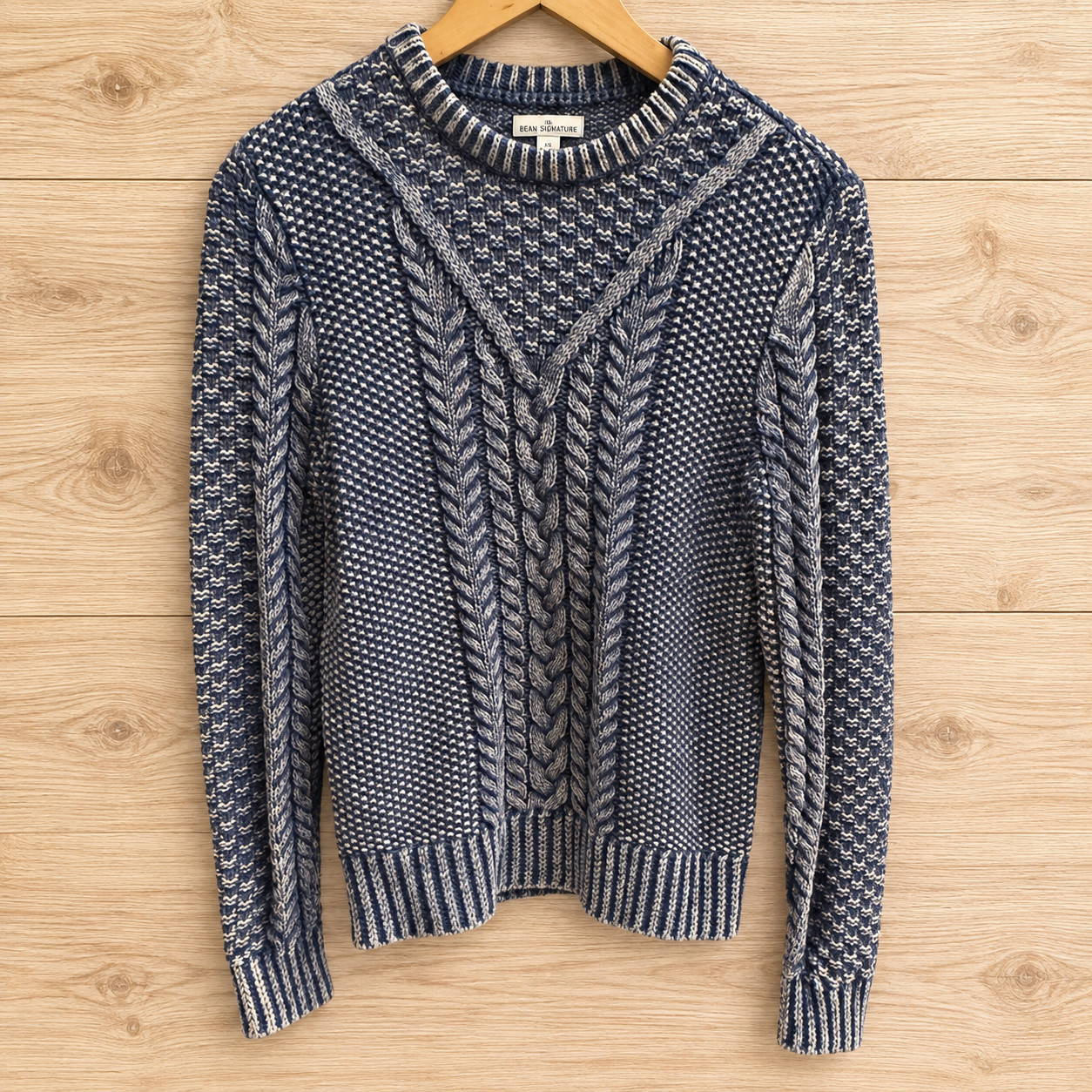 L.L.Bean Signature Women’s XS Cable Knit Sweater 100% Cotton Blue Cream