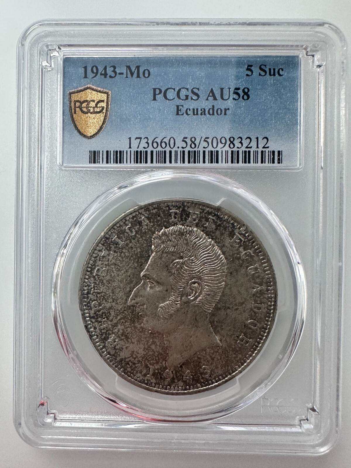 1943-Mo ECUADOR 5 Sucres PCGS AU58 Silver (.720)