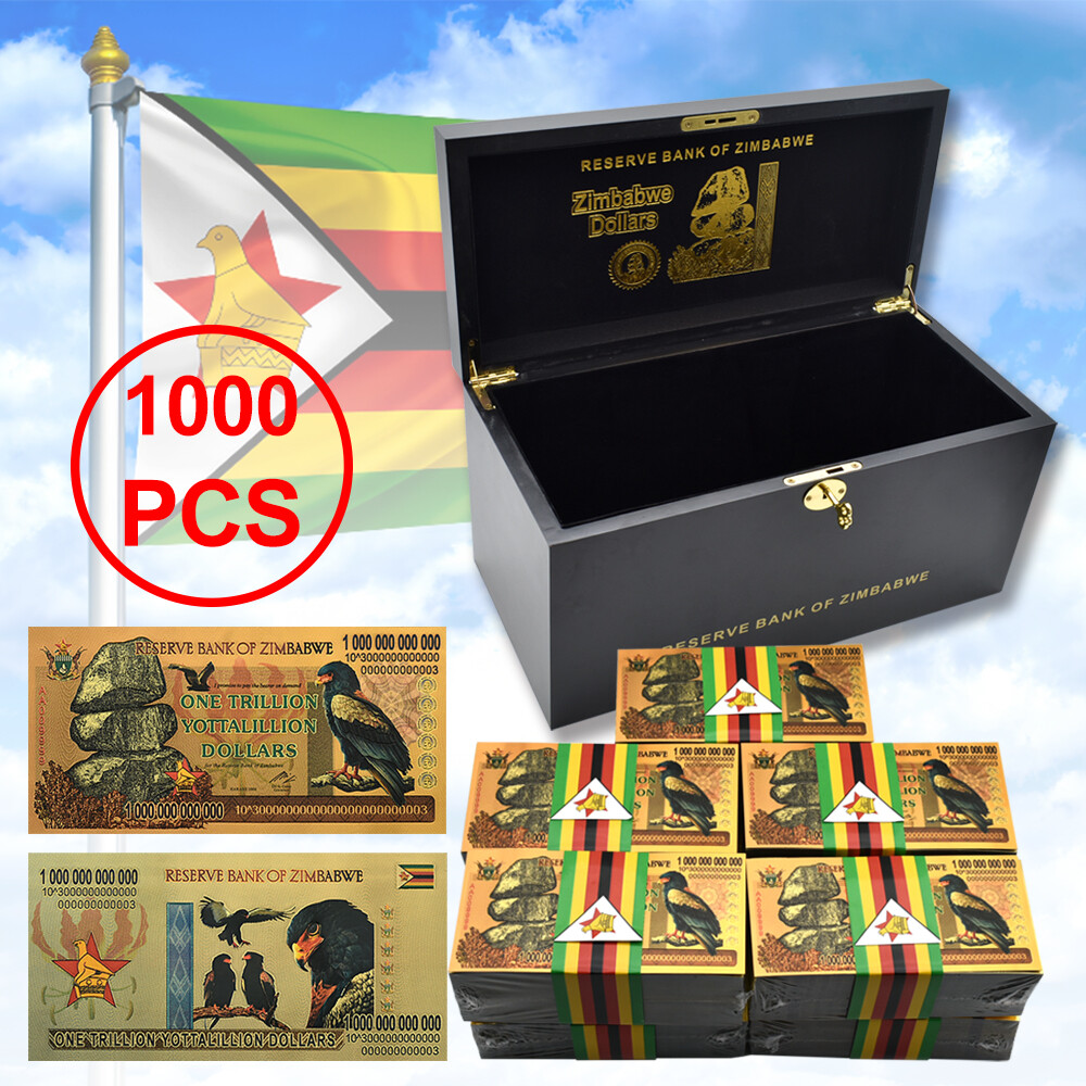 1000pcs Zimbabwe One Trillion Yottalillion Dollars Gold Foil Banknotes with Box