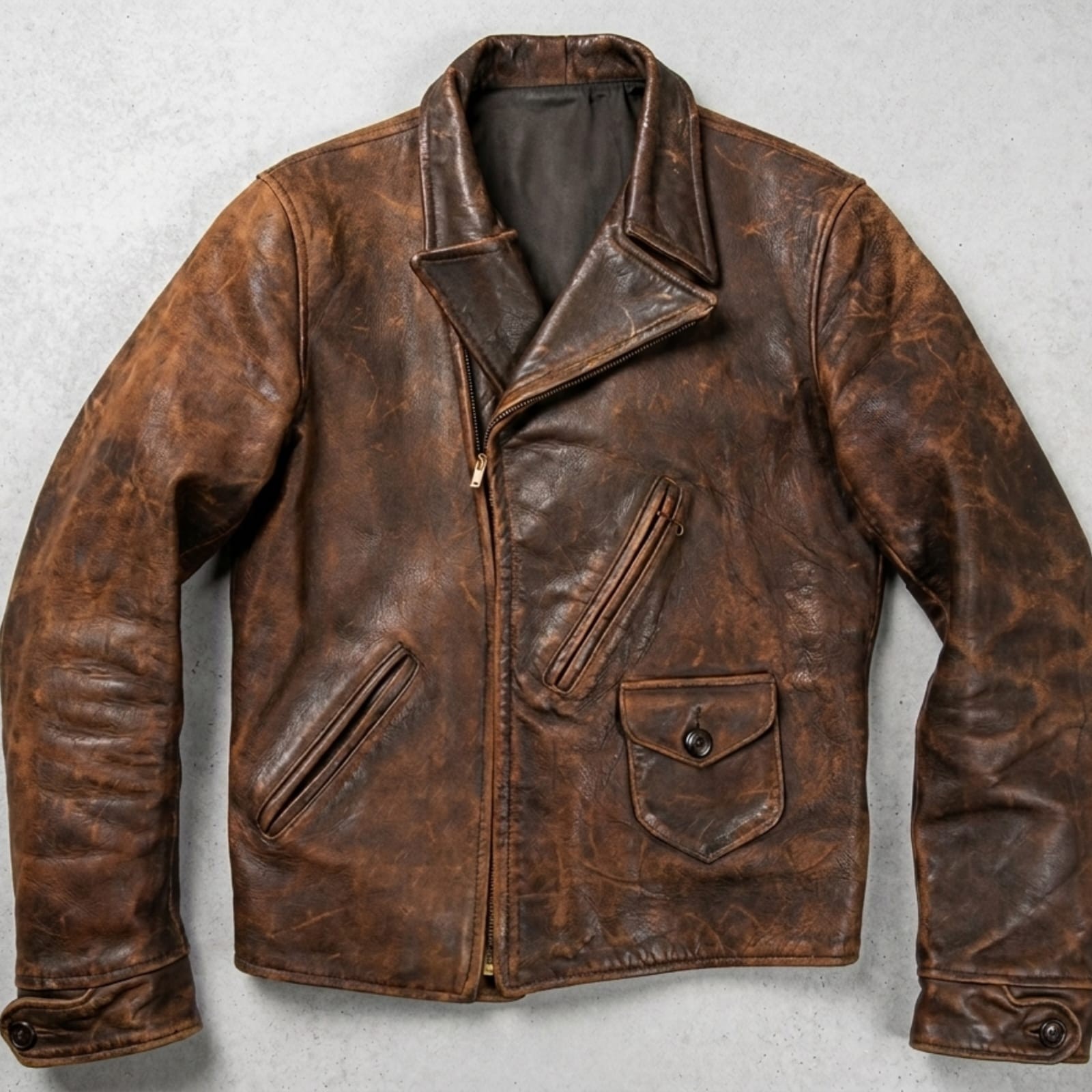 1930s Style Distressed Cowhide Leather Jacket Asymmetrical Vintage Rider Coat