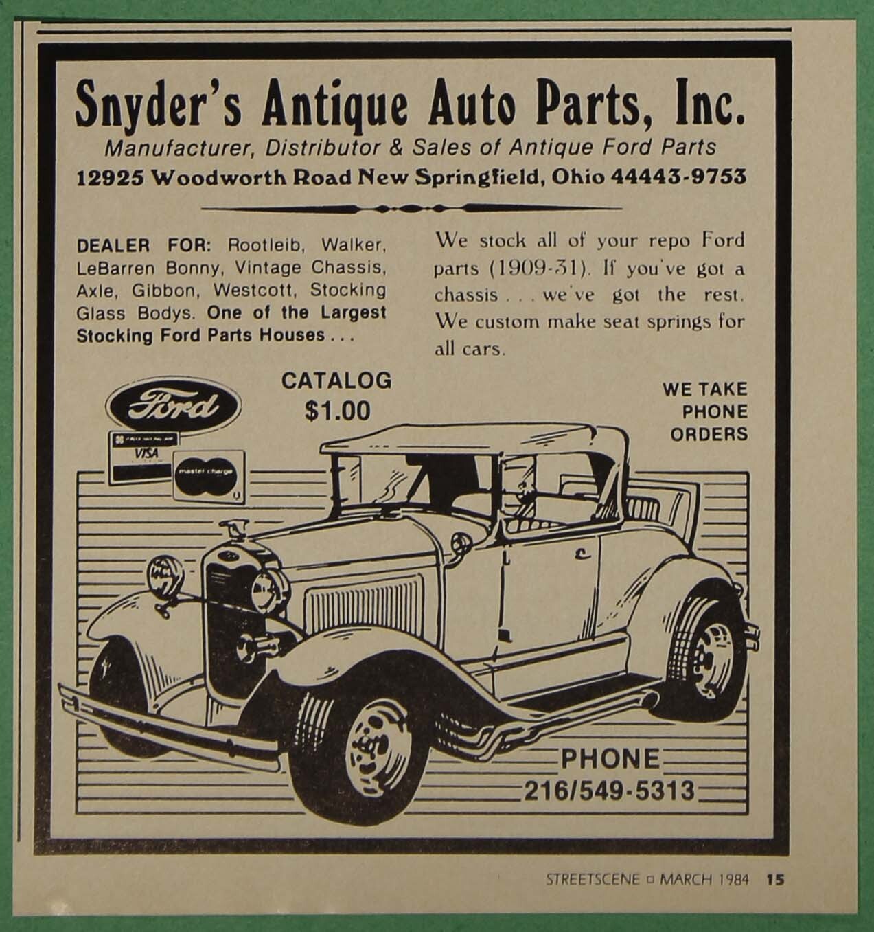 Snyder’s Antique Auto Parts Springfield Deuce Roadster Art Vintage Print Ad 1984 Snyder’s Antique Auto Parts Springfield Deuce Roadster Art Vintage Print Ad 1984