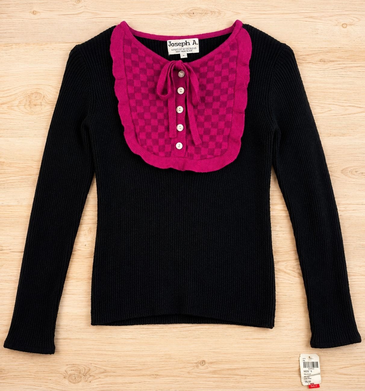 Vintage Joseph A. Checker Bib Knitted Top S Black Pink Victorian Retro Prairie 