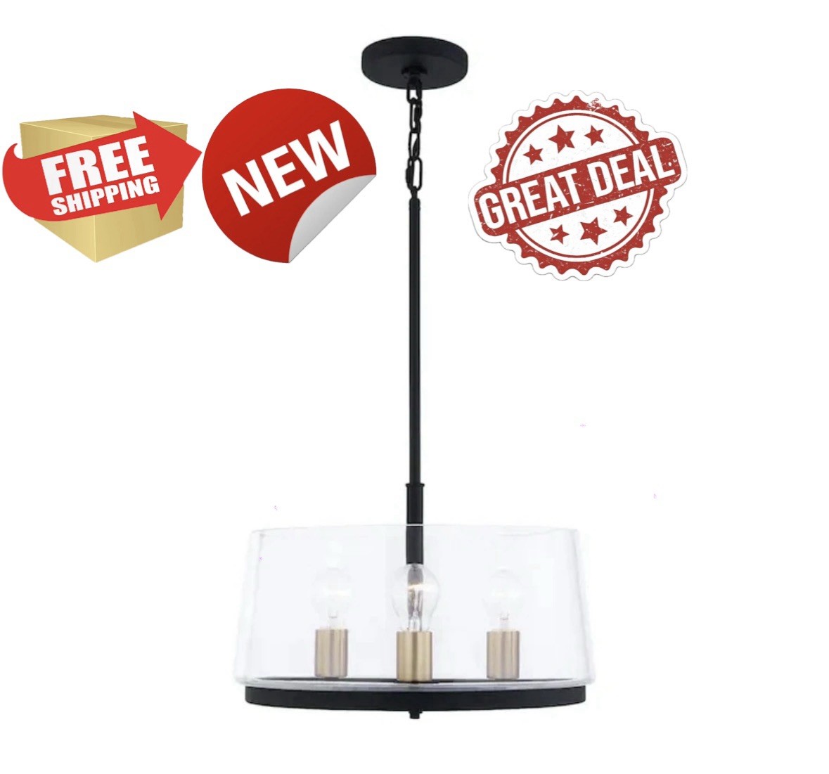 NEW Quoizel Whitlock LWS7243C 3-Light Pendant Light Matte Black Brass Glass