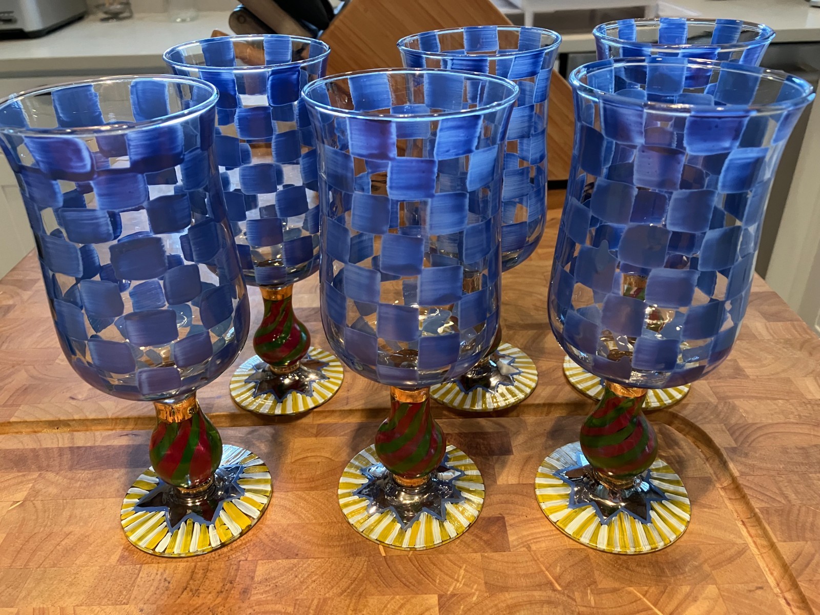 MacKenzie-Childs Vintage Retired Circus Blue Check Tall Water Goblet Set of 6 MacKenzie-Childs Vintage Retired Circus Blue Check Tall Water Goblet Set of 6