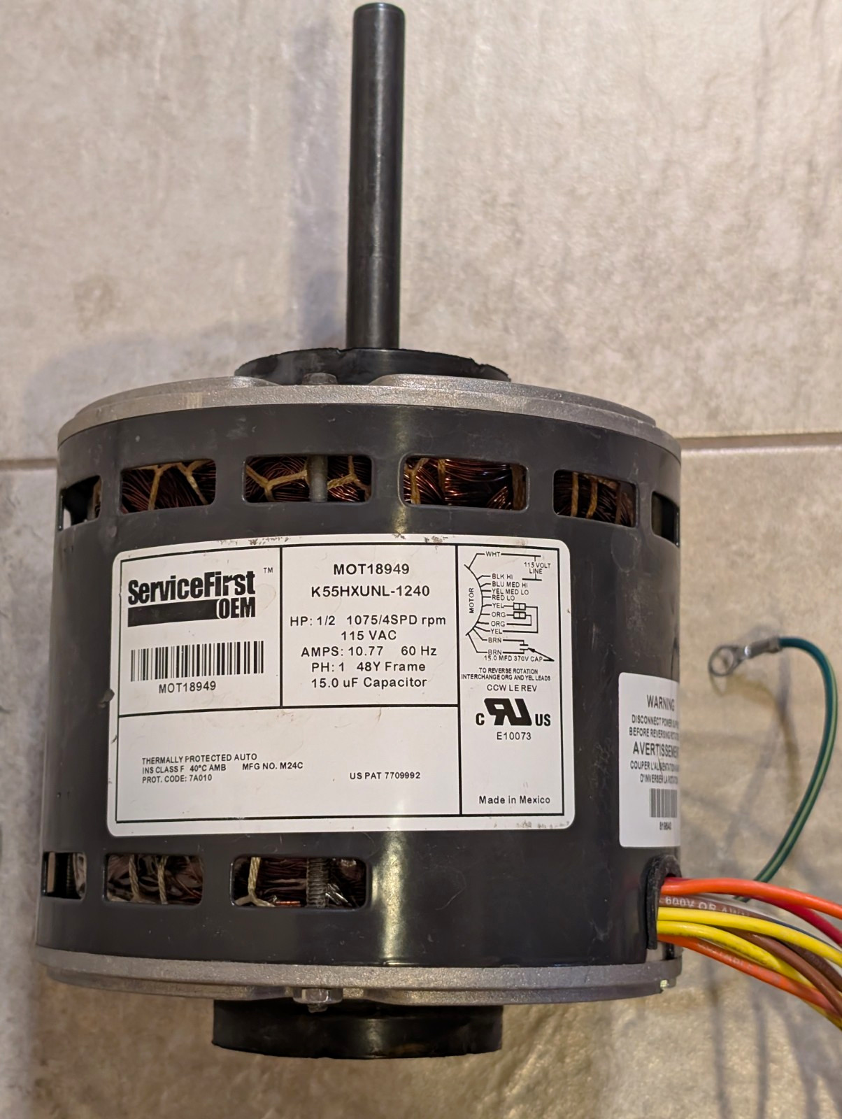 ServiceFirst OEM HVAC Motor K55HXUNL-1240 MOT18949 1/2 HP 115VAC 10.77A