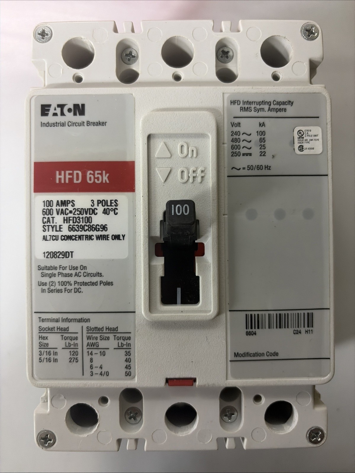 Eaton HFD3100BP10 100A 3-Pole 600V Industrial Circuit Breaker HFD 65k
