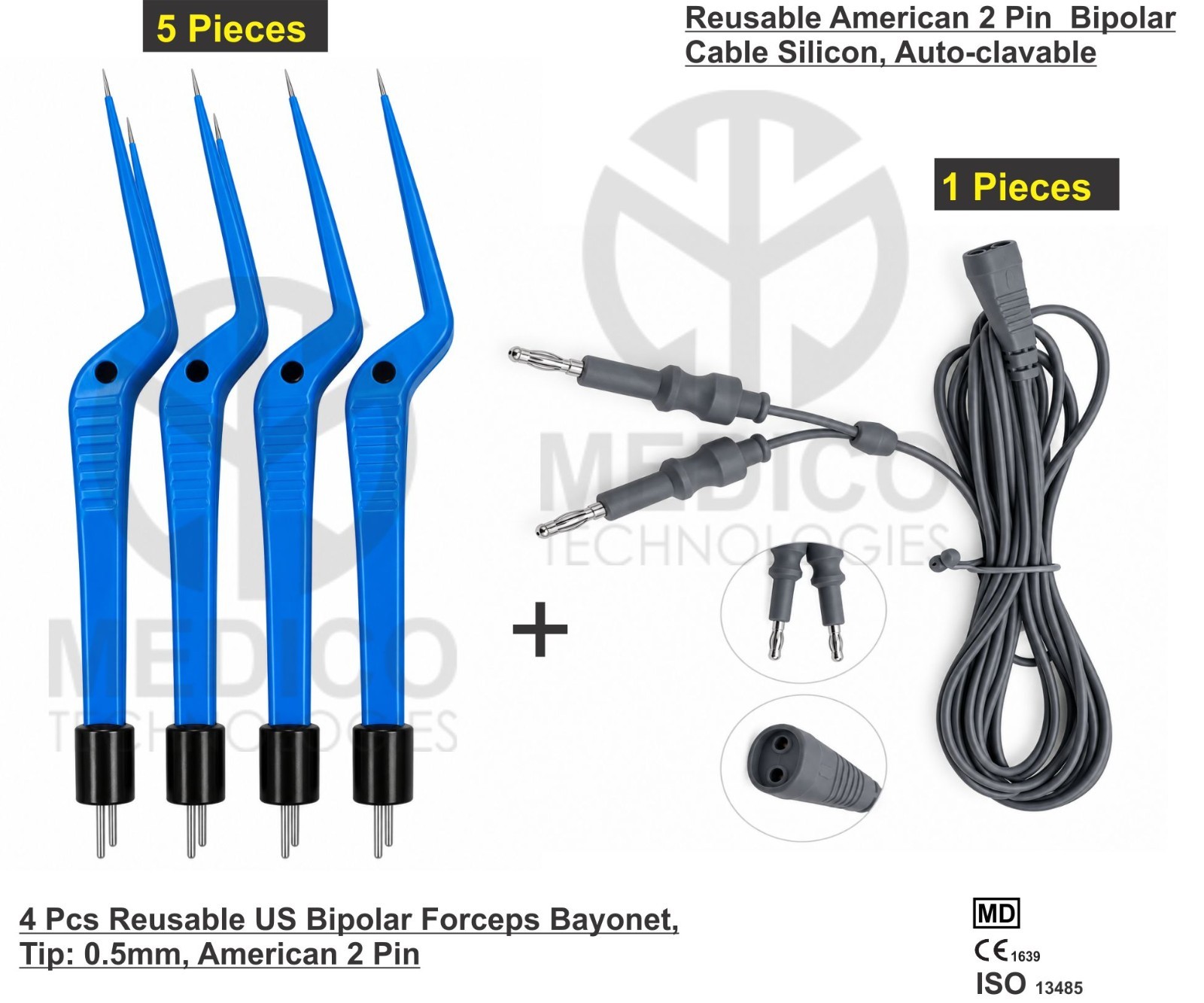 5 Pcs Reusable US Bipolar Forceps Bayonet, straight Tip: 0.5mm, 1 American Cable 5 Pcs Reusable US Bipolar Forceps Bayonet, straight Tip: 0.5mm, 1 American Cable