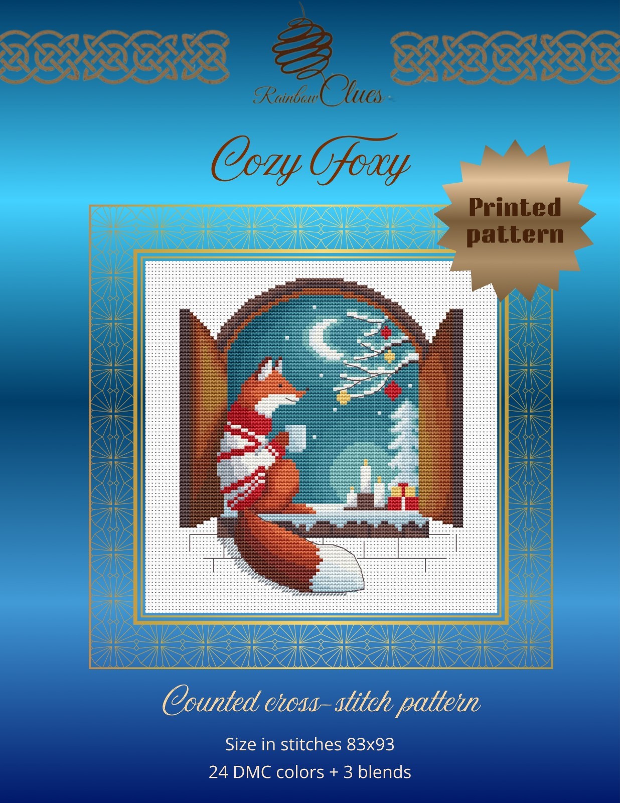 Cross Stitch Printed Pattern Cozy Foxy DIY Chart Counted Needlework DMC Color