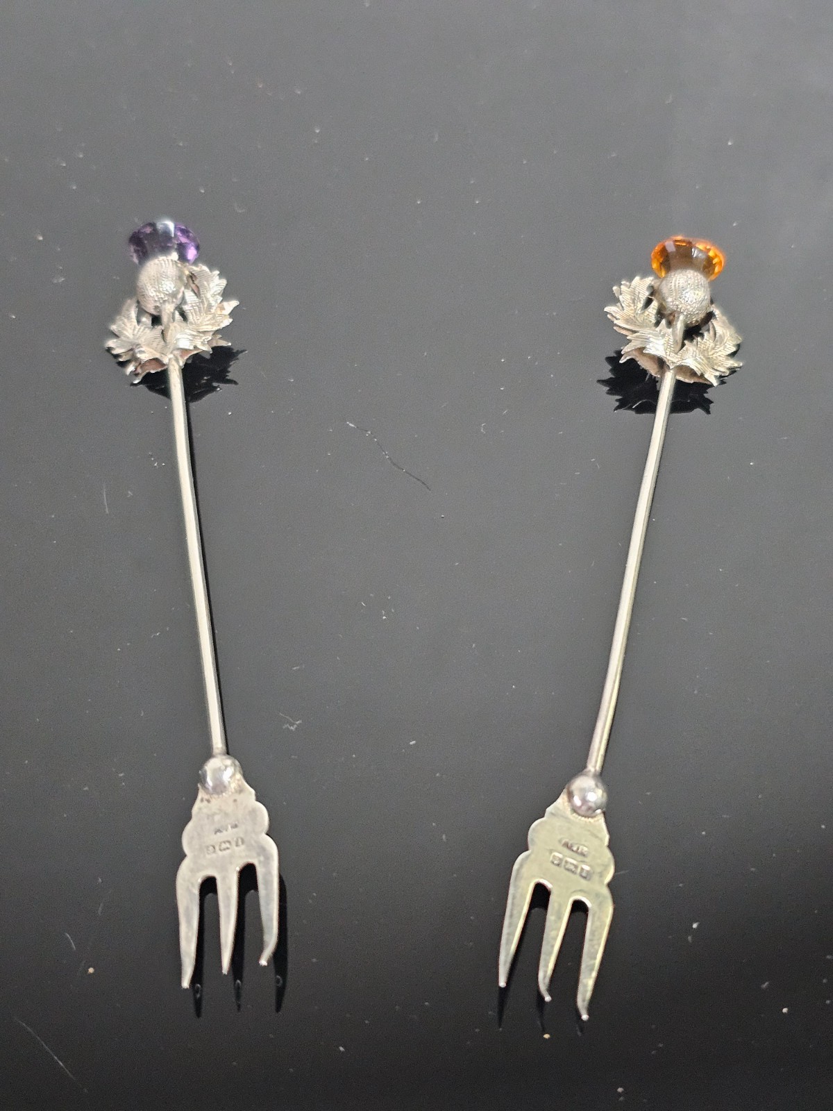 Pair Adie & Lovekin Sterling Silver Scottish Thistle Pickle Forks Birmingham
