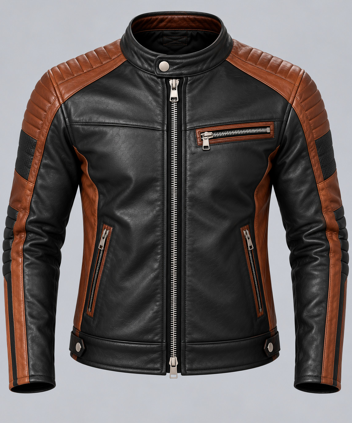 Men's Black & Cognac Brown Real Leather Biker Jacket - Quilted Shoulder Motorcyc