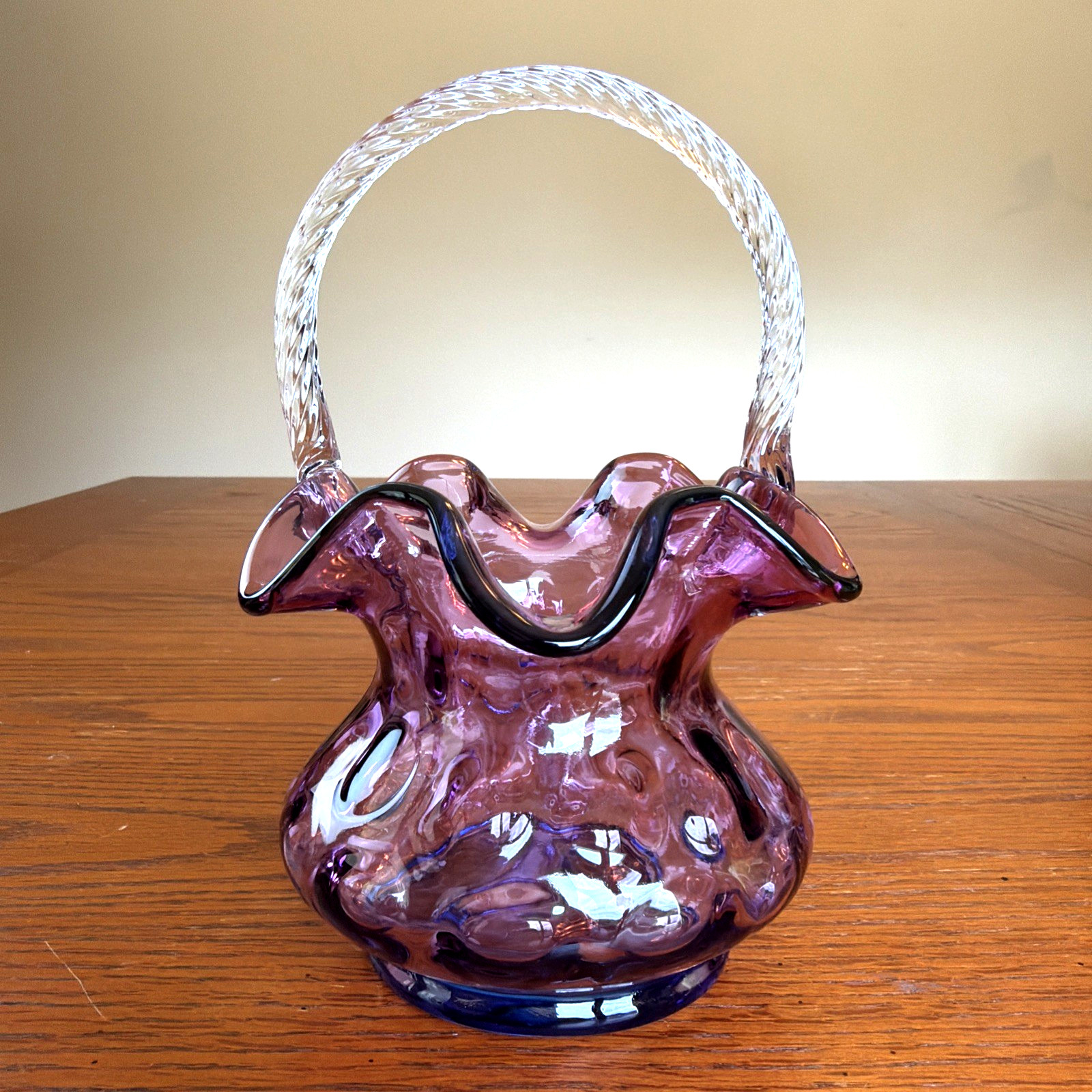 VTG Fenton Mulberry Basket Cranberry To Purple to Blue Coin Dot Twisted Handle