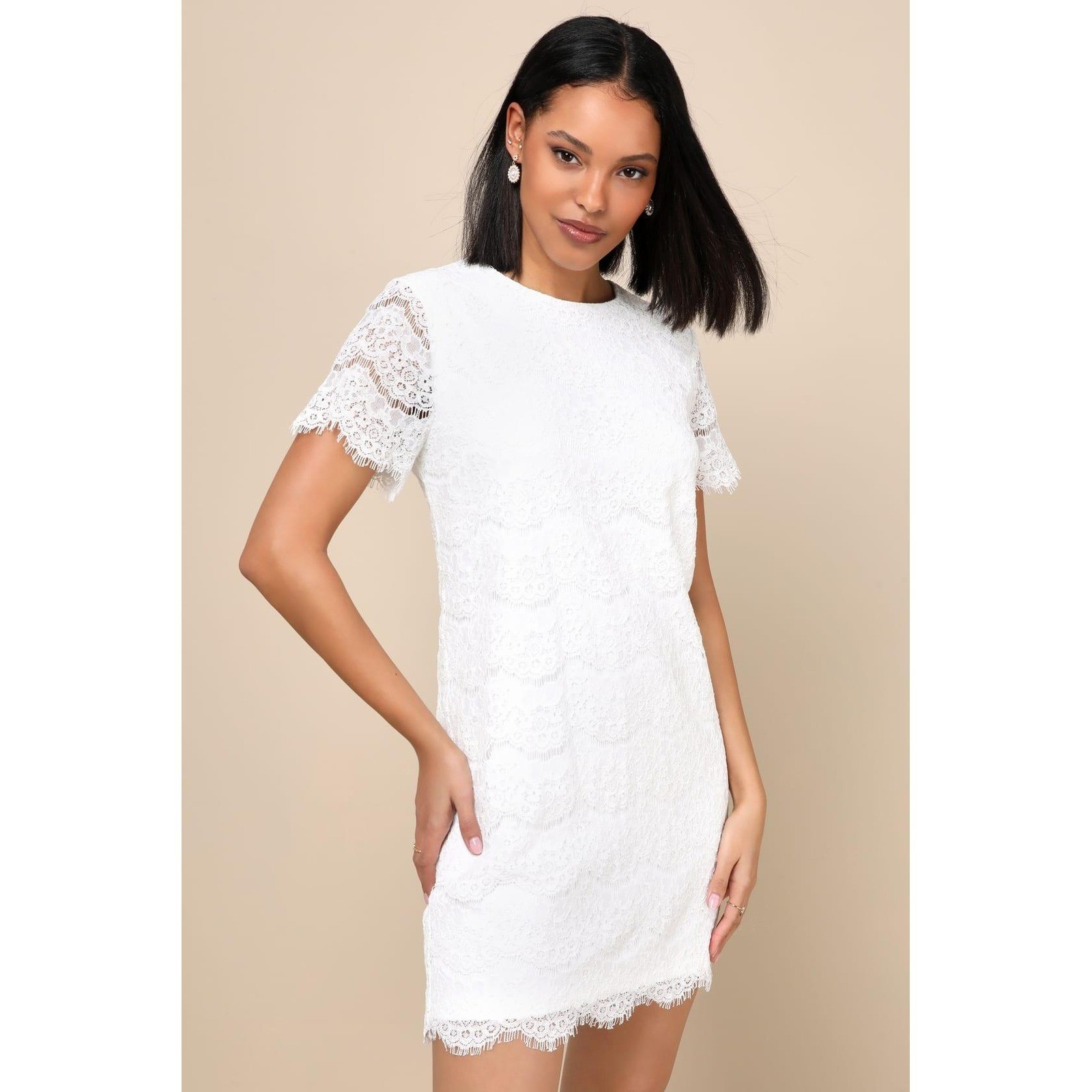 Lulus Take Me to Brunch Ivory Lace Shift Dress Short Sleeve Large NWT
