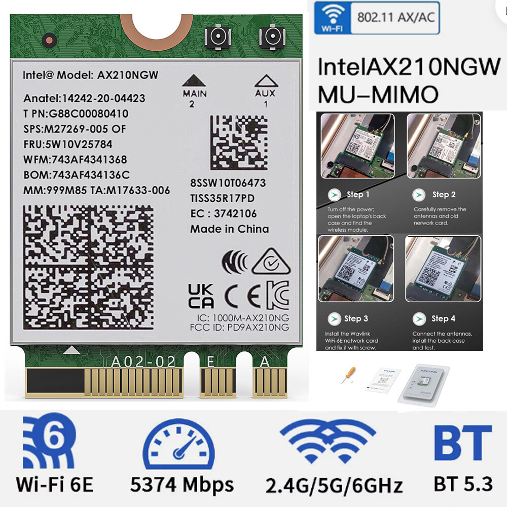Intel AX210 WiFi Card M.2 WiFi 6E Laptop Bluetooth 5.3 Module NGFF Key-A Key-E Intel AX210 WiFi Card M.2 WiFi 6E Laptop Bluetooth 5.3 Module NGFF Key-A Key-E