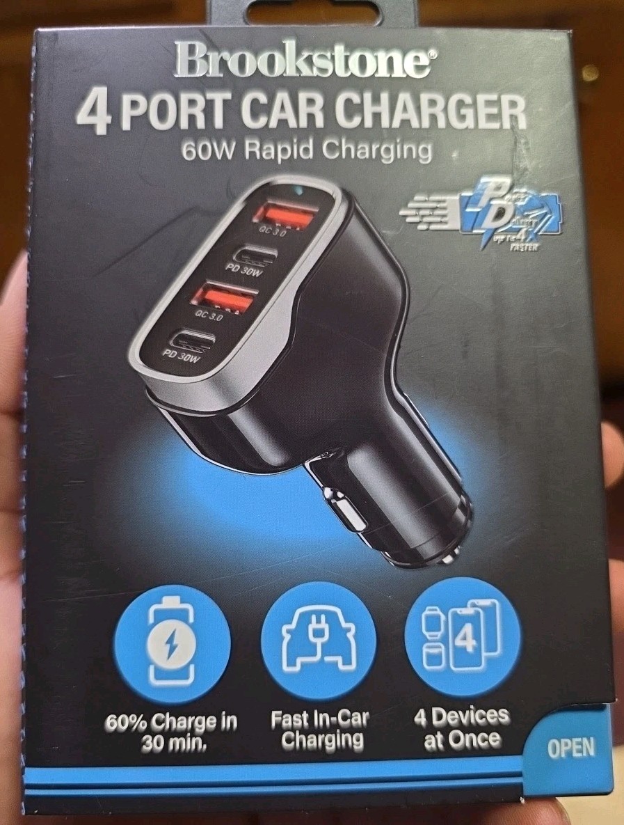 Brookstone 4 Port Rapid 60W PD USB-C and USB-A Car Charger - Black NEW Brookstone 4 Port Rapid 60W PD USB-C and USB-A Car Charger - Black NEW