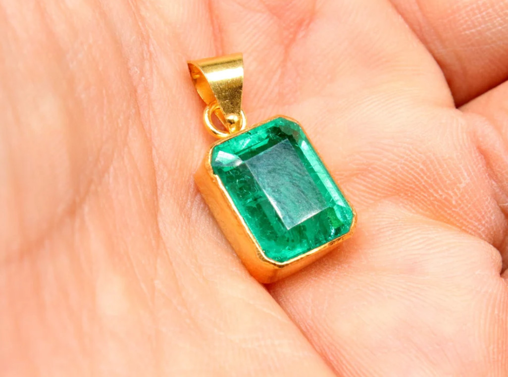 Natural Emerald Pendant For Gift Silver Jewelry Gold Plated Birthstone Pendant