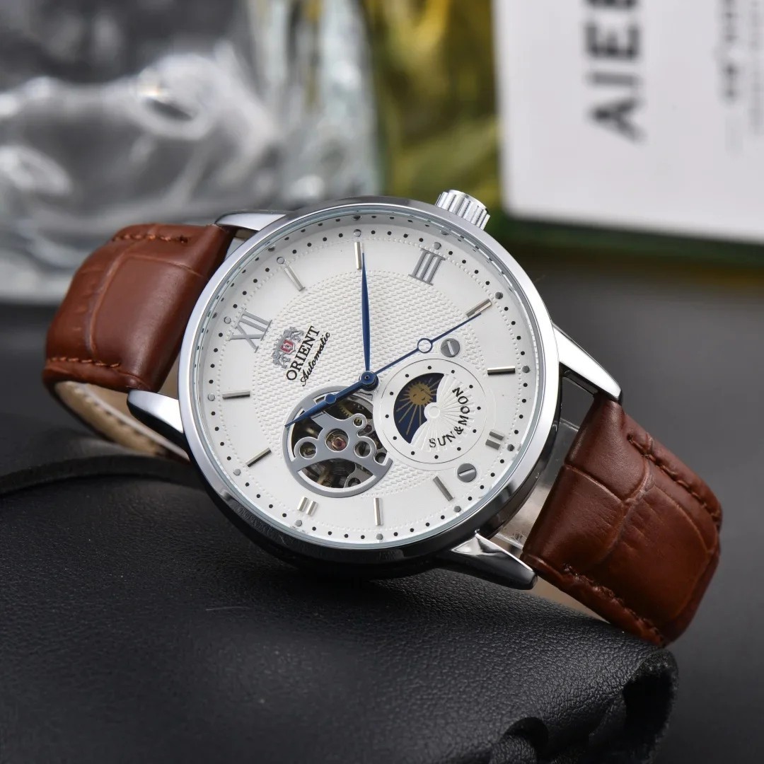 Orient Watch Sun & Moon Semi Skeleton Automatic Leather Strap Men Birthday Gift