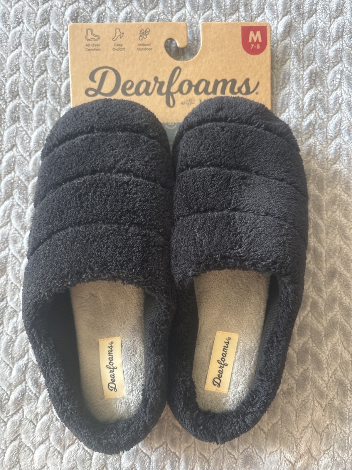 Dearfoams Women\'s Medium (7-8) Black Memory Foam Slippers New