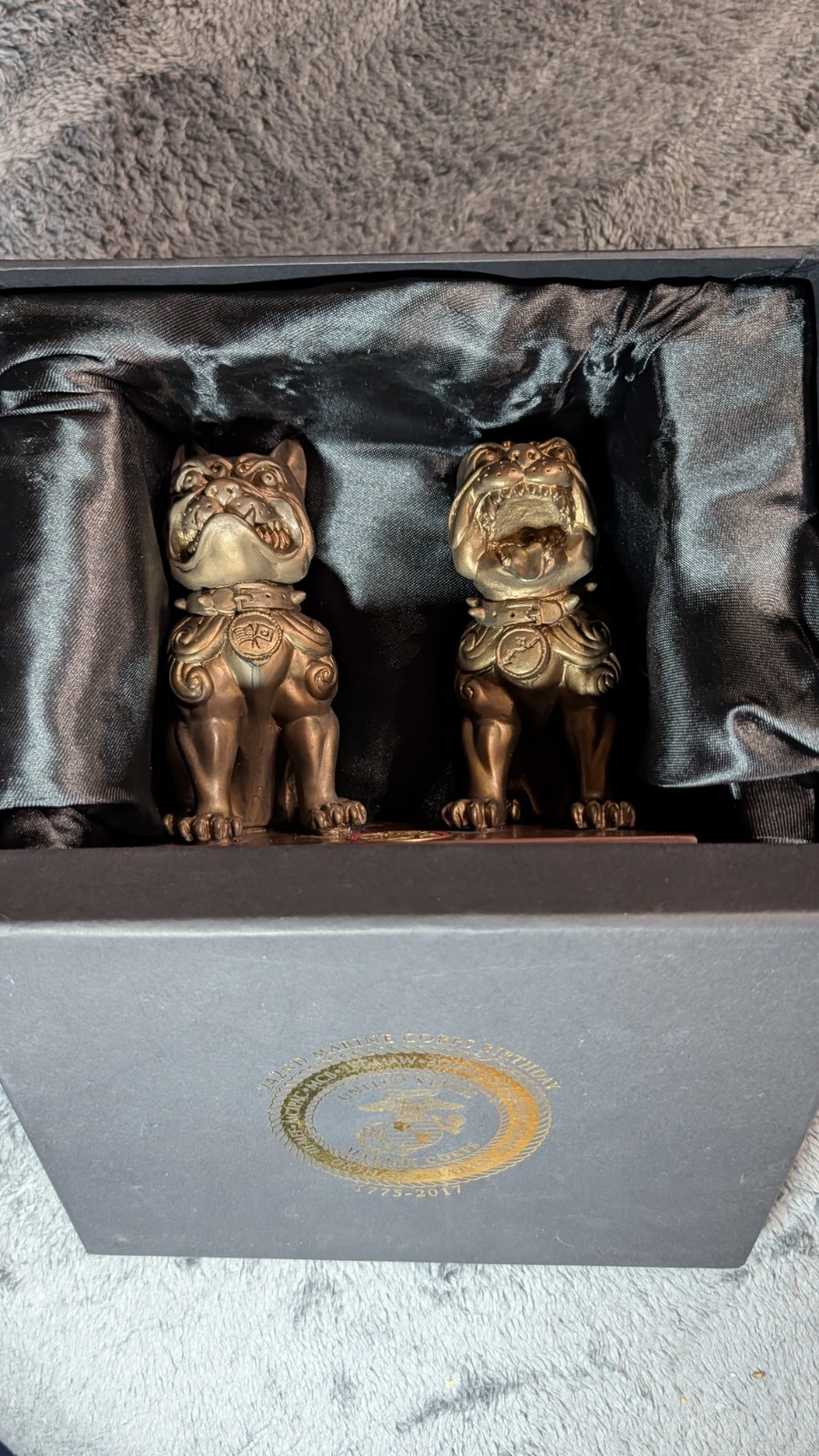 USMC Okinawan Shisa Guardian Lions Solid Bronze Statue Set Presentation Box Rare