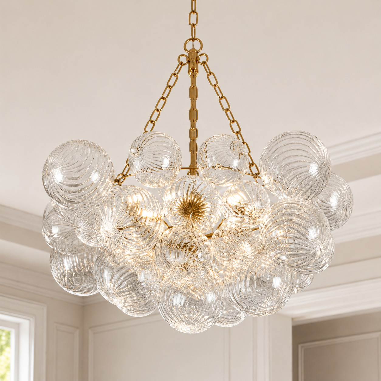 Modern 6-Light Brass Globe Chandelier Ribbed Glass Pendant Ceiling Light