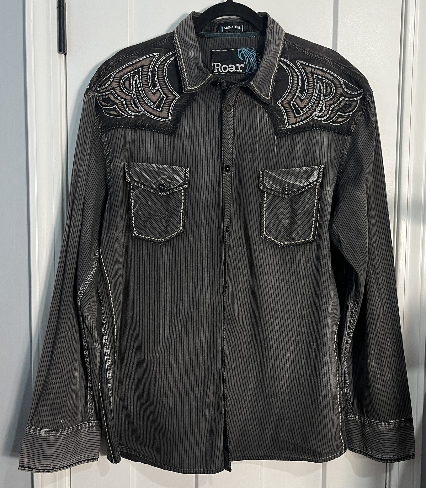 Roar Signature Men Puff Embroidered Tribal Geo Button Up Shirt 2XL Biker Western Roar Signature Men Puff Embroidered Tribal Geo Button Up Shirt 2XL Biker Western