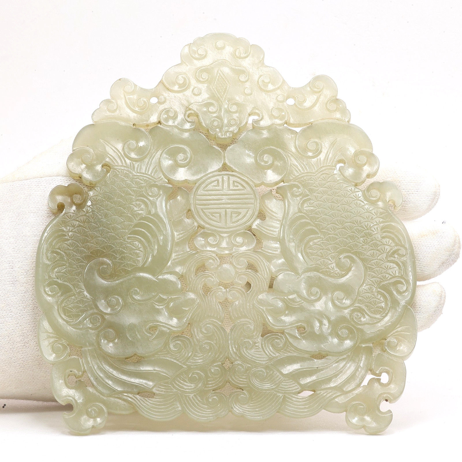 Imperial Chinese White Jade Openwork Twin Fish Bat Plaque Pendant Qing Qianlong Imperial Chinese White Jade Openwork Twin Fish Bat Plaque Pendant Qing Qianlong