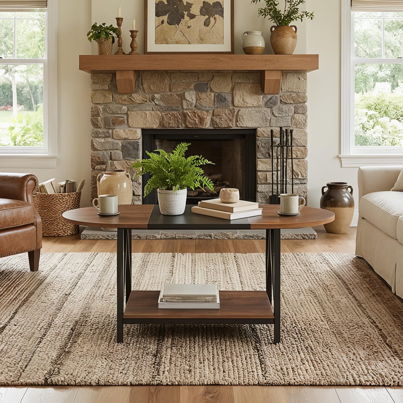 HOOBRO Coffee Table for Living Room, 2-Tier Oval Coffee Table, Industrail Cen...