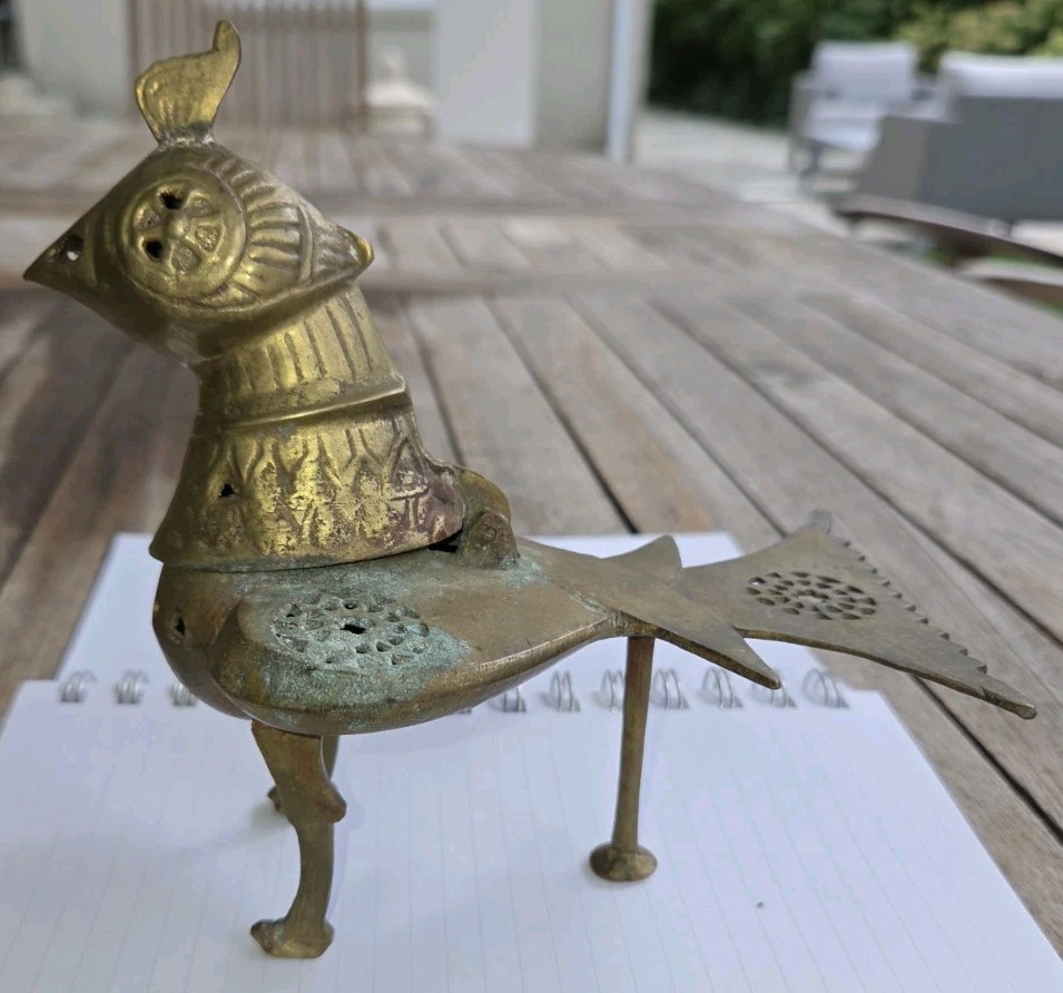 Vintage India Brass Peacock Bird Incense Burner Censer Hinged Head 6 in