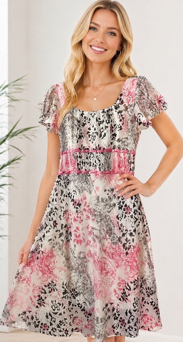 Karen Kein Midi Dress 9/30 US 6 Romantic Crinkled Chiffon Embellished Pink Gray