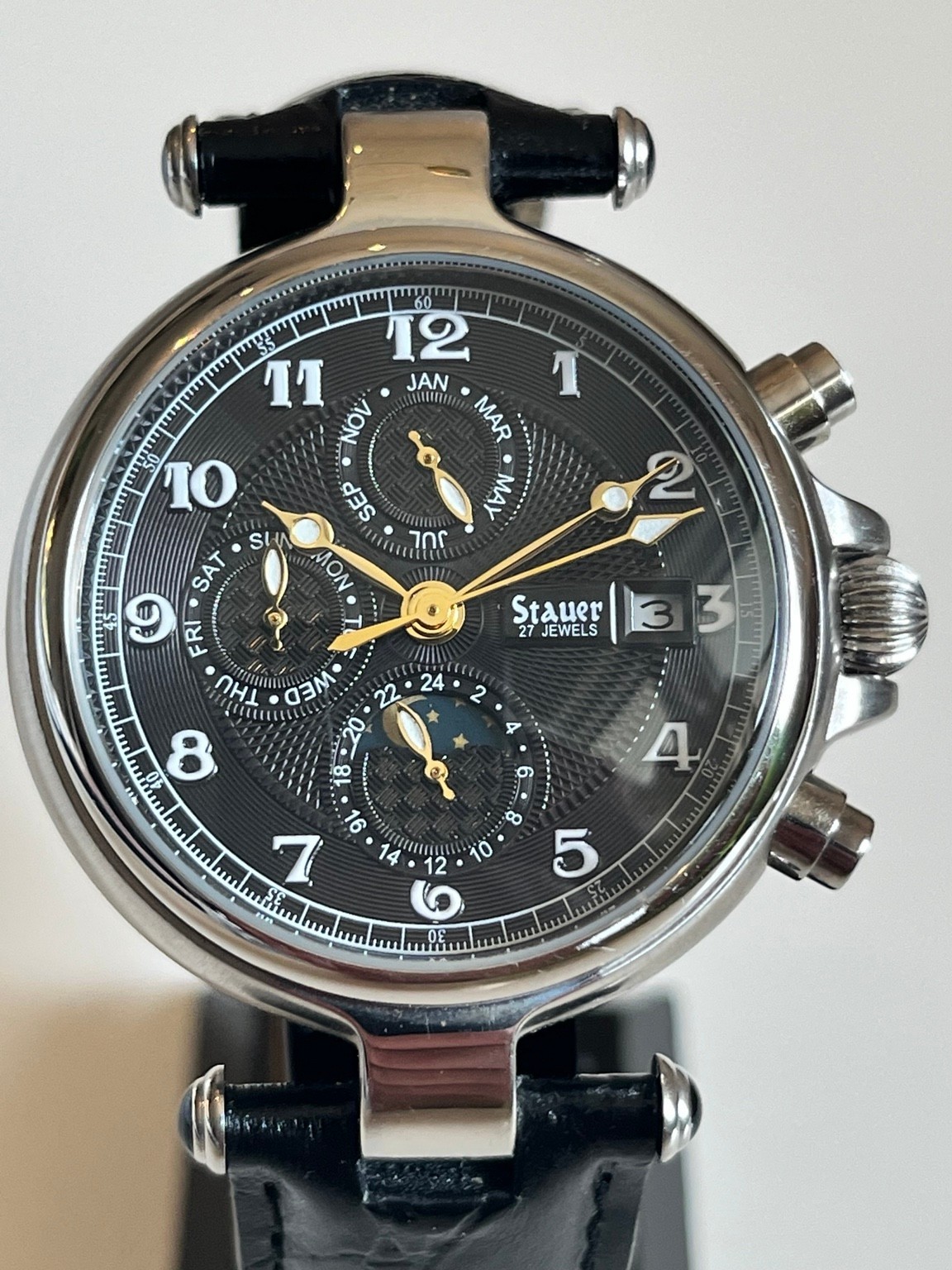Stauer 27 Jewels Mechanical Calendar Watch Black Dial Box Runs Great