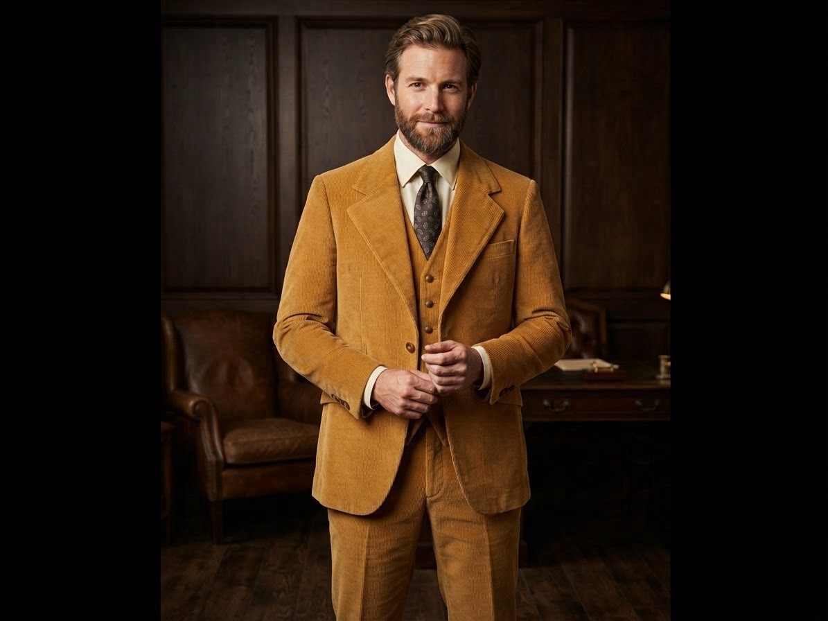 Scotts Grey Ltd 70s Men\'s Tan Corduroy 3-Piece Suit 40R Two-Button Notch Lined Scotts Grey Ltd 70s Men\'s Tan Corduroy 3-Piece Suit 40R Two-Button Notch Lined