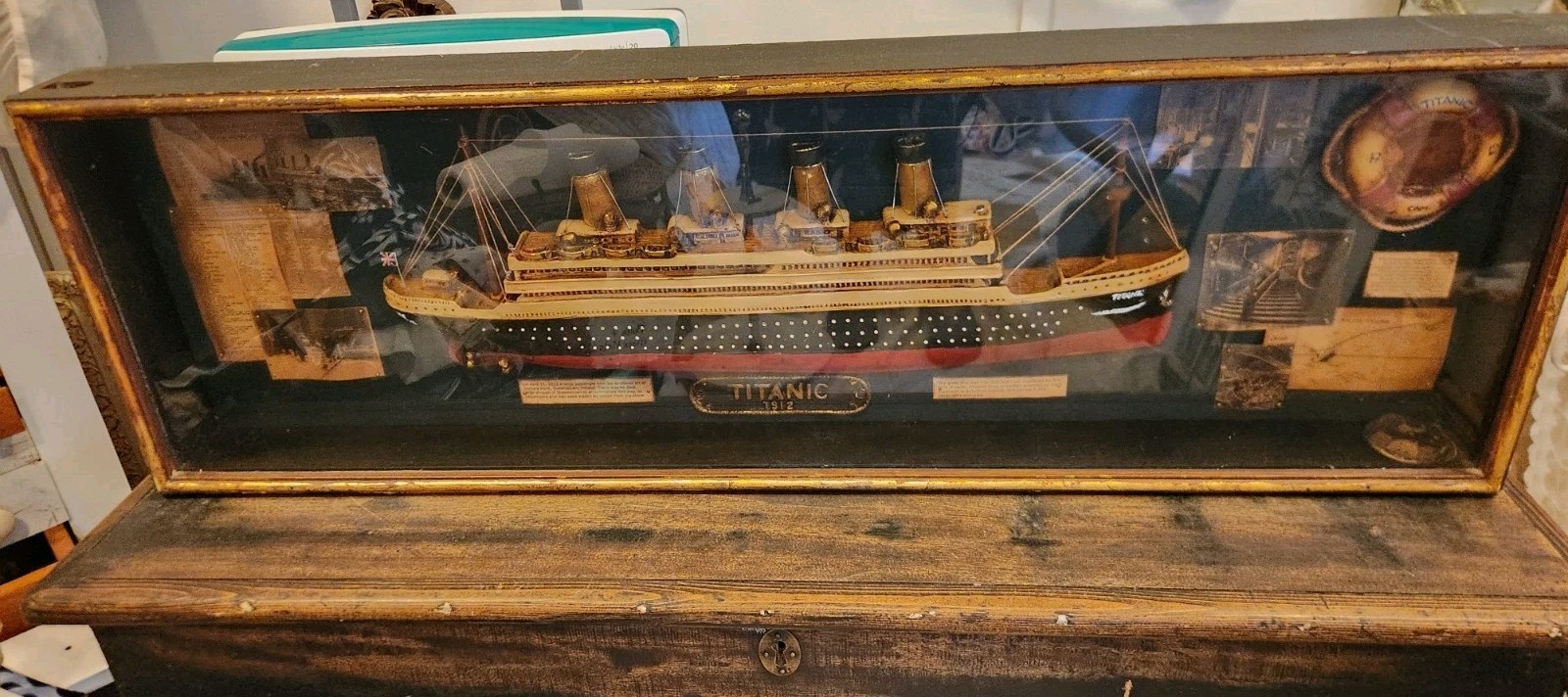Vintage  Titanic Model Ship Diorama  Framed W Glass Shadow Box Large 41