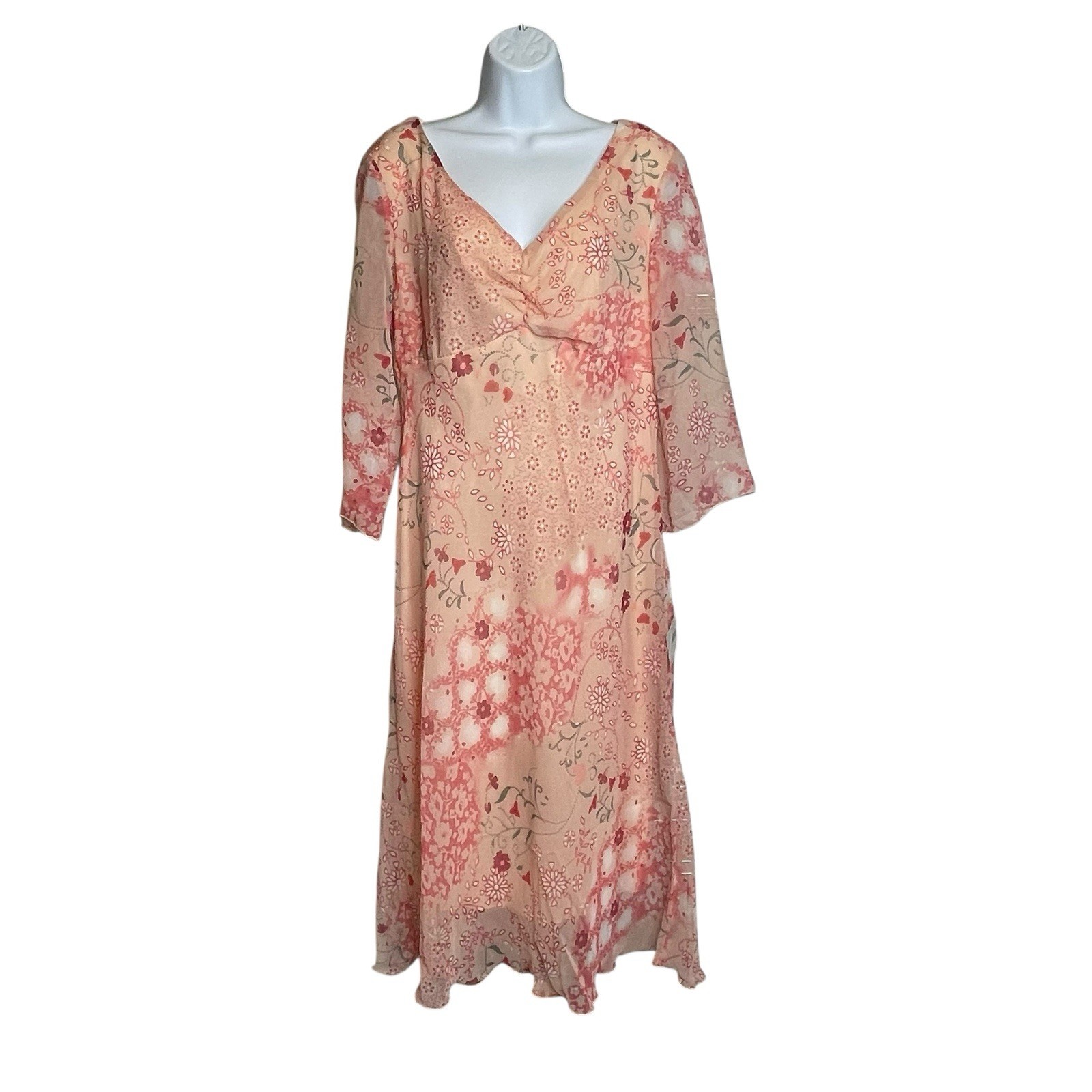 Vintage Jonathan Martin Women\'s Peach Floral Chiffon Midi Dress Size 14 Flowy