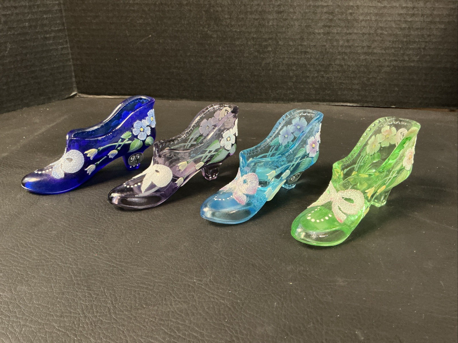 Fenton 95th Anniv. (4) HP Glass Shoes w/ Tulips & Floral Motifs- All 4 Signed