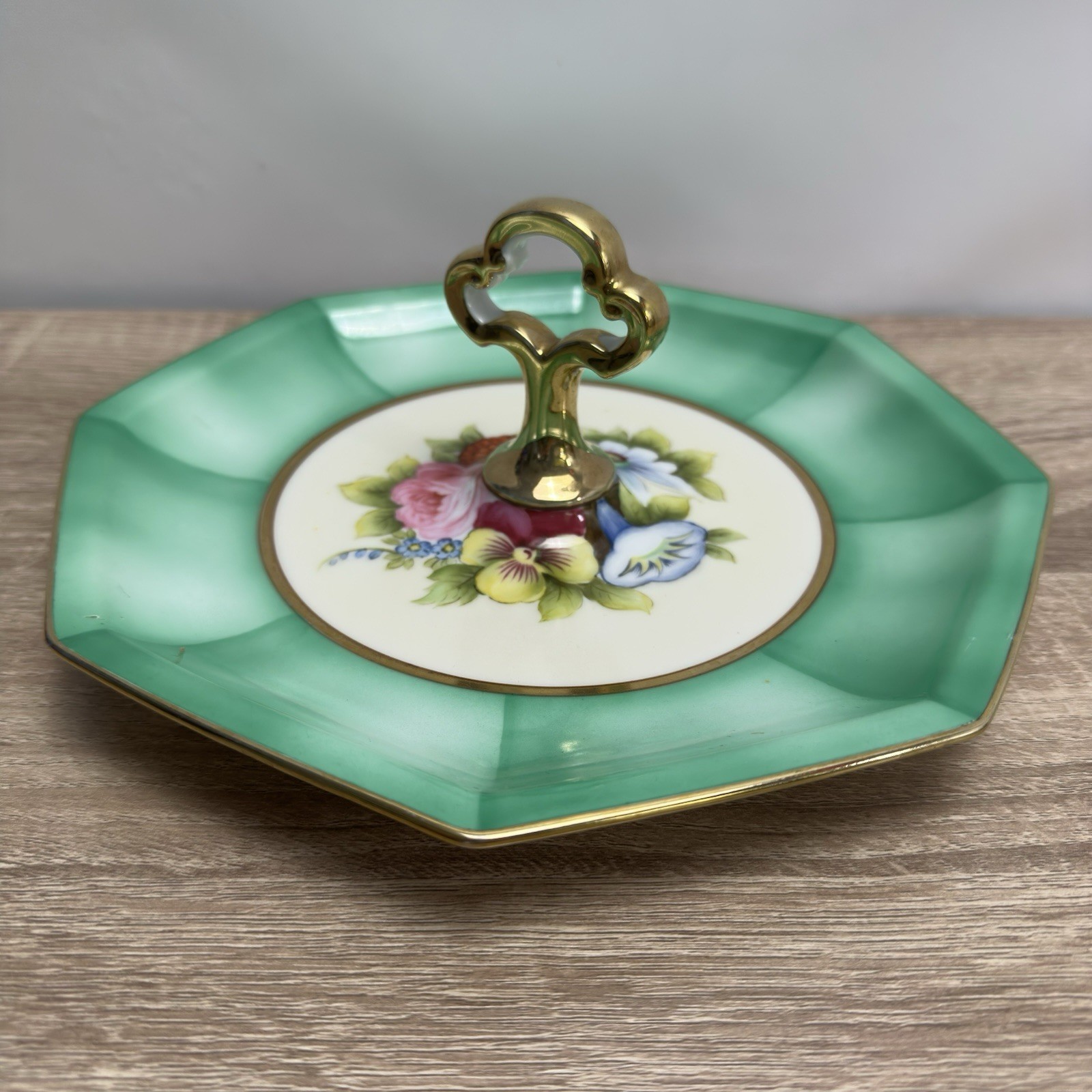 Vintage Noritake Hand Painted Green Floral Octagonal Center Handle Dish 9