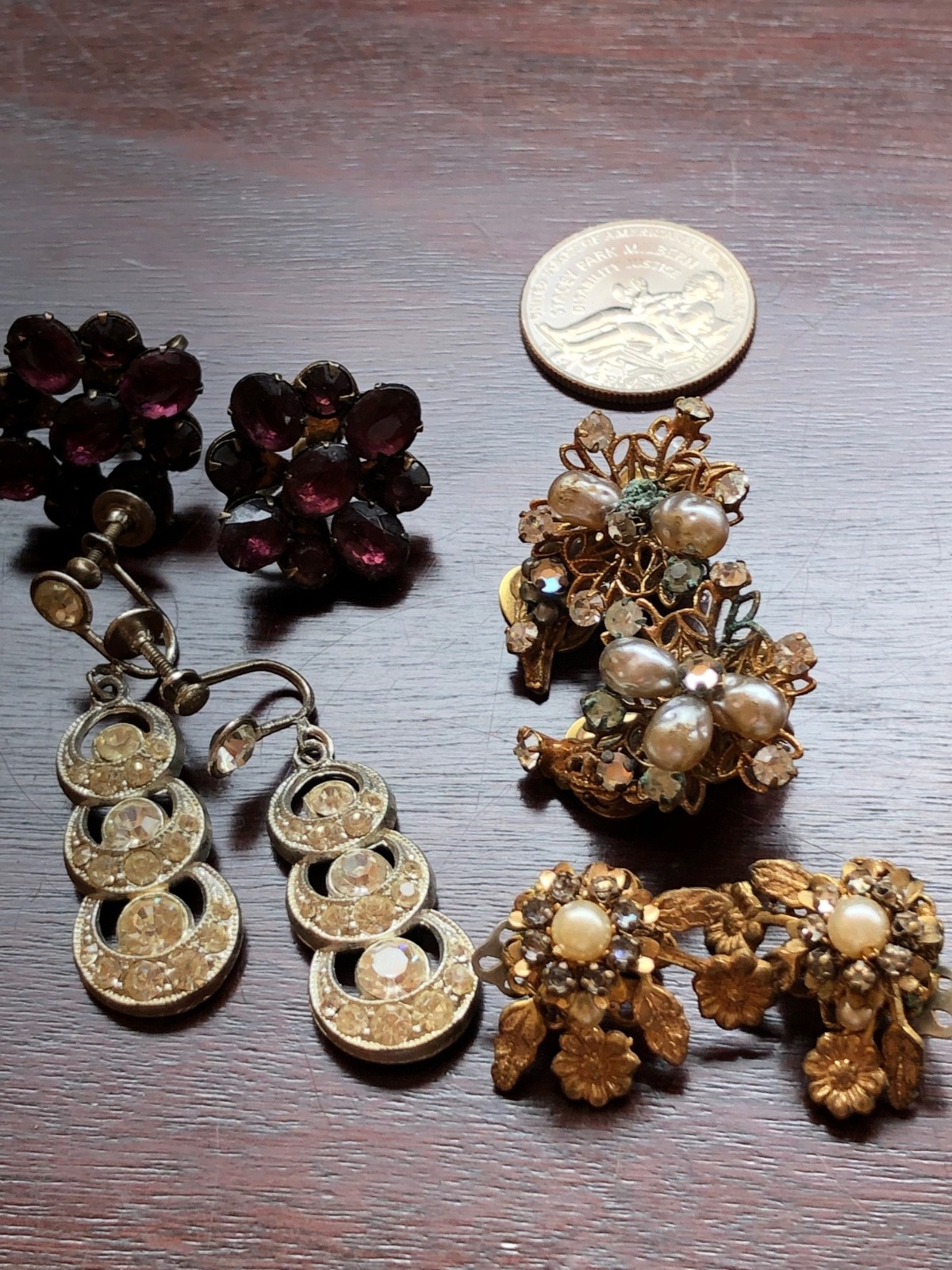 Lot of 4 Vintage Earrings Signed Robert Pearls Rhinestones Amethyst