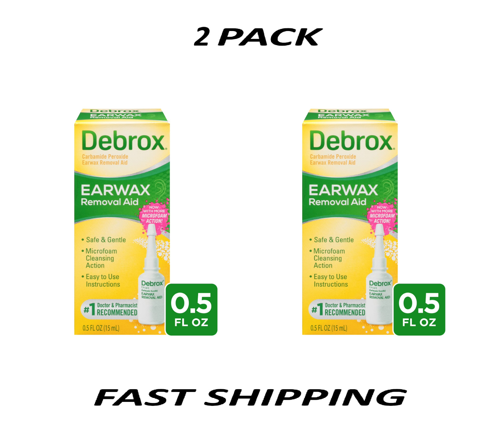 (2 Pack) Debrox Earwax Removal Aid, Microfoam Ear Drops, 0.5 fl oz.
