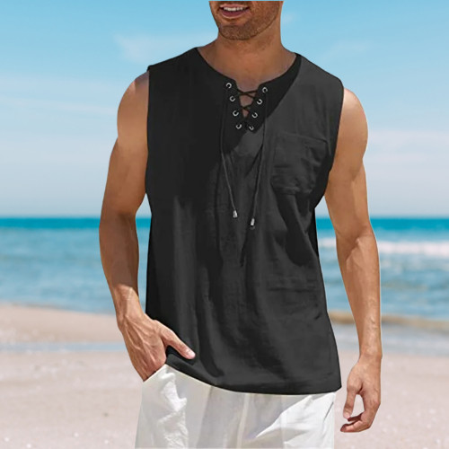 Men\'s Sleeveless Shirt Tank Top Lace Up Cotton Casual Plain Summer Vest 5 COLORS