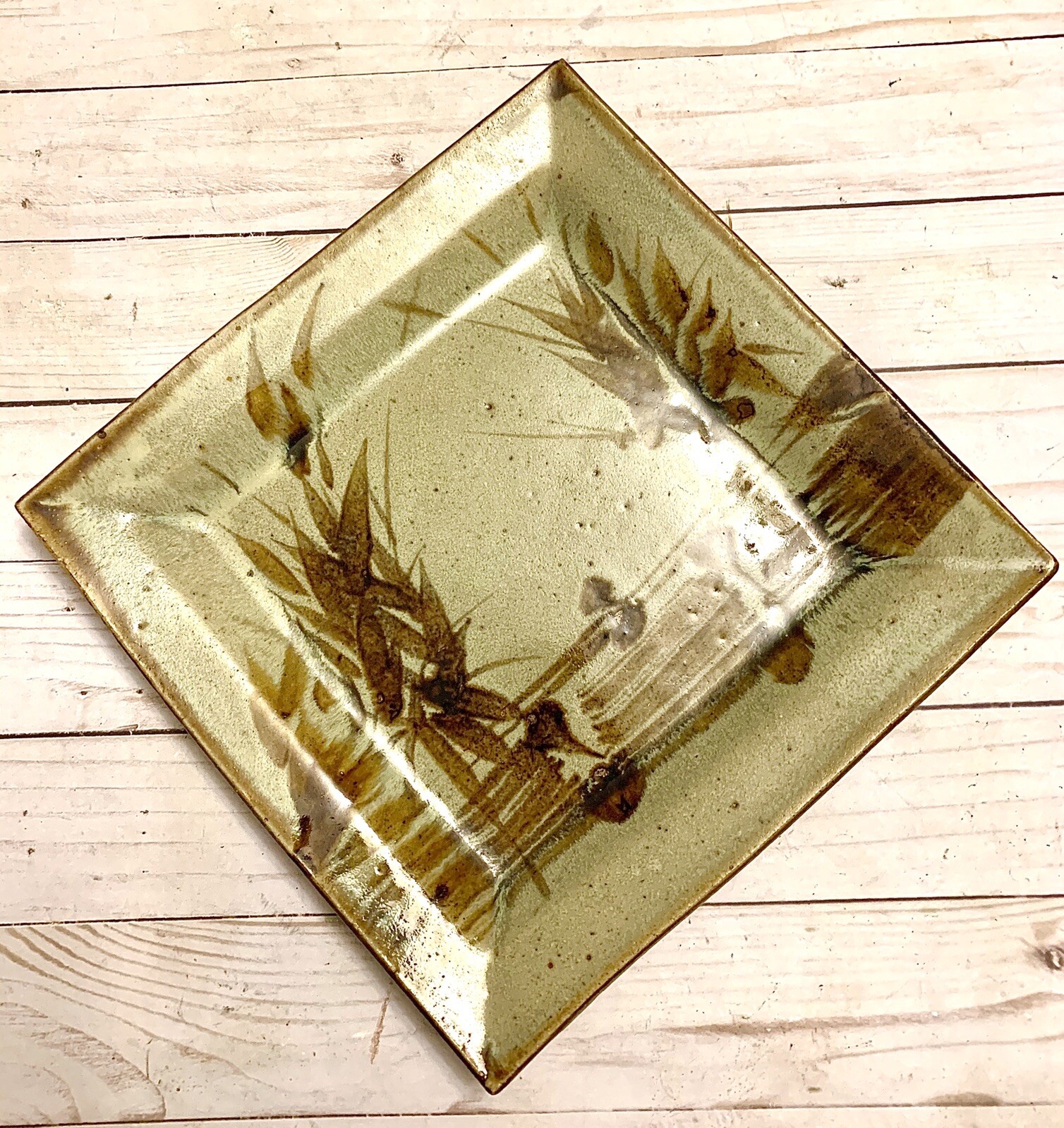 Beautiful Vintage Studio Art Pottery Square Tray Tan Brown Drip Glaze
