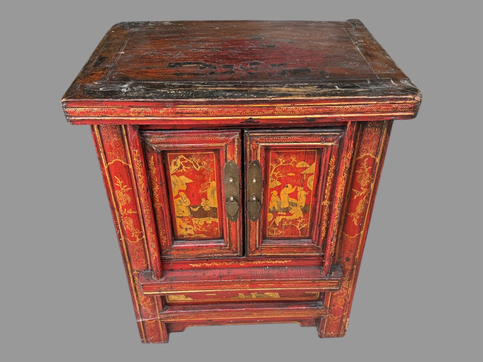 Antique Oriental Paint Decorated Double Door Cabinet