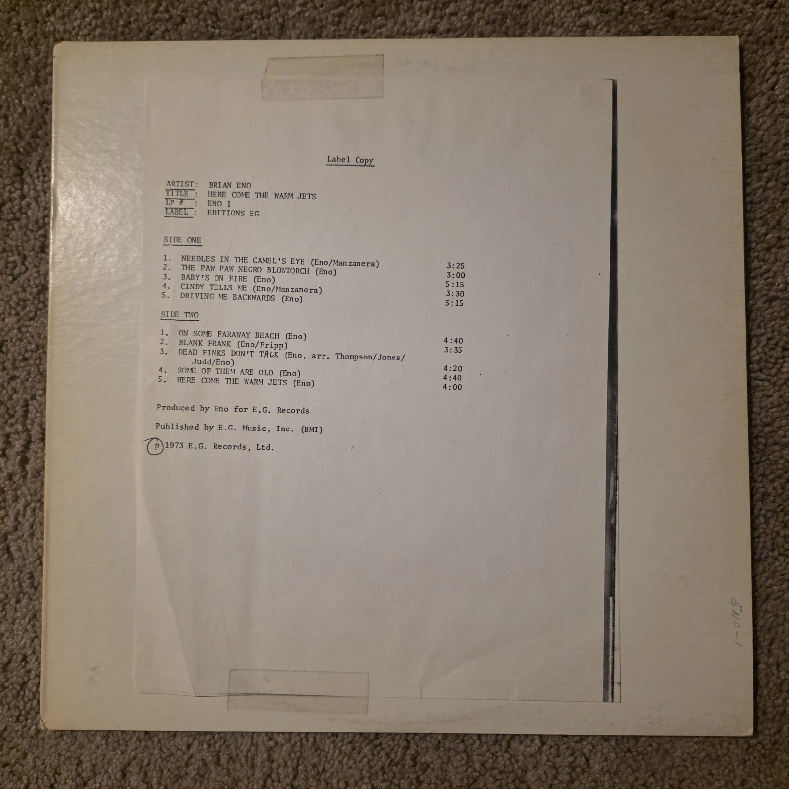Rare Brian Eno Here Come The Warm Jets *test pressing* 1973 Eno-1 VG+++