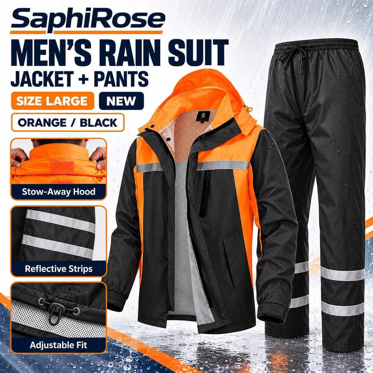 Rain Suit Large Orange Black Reflective Jacket Pants Set NEW Saphirose