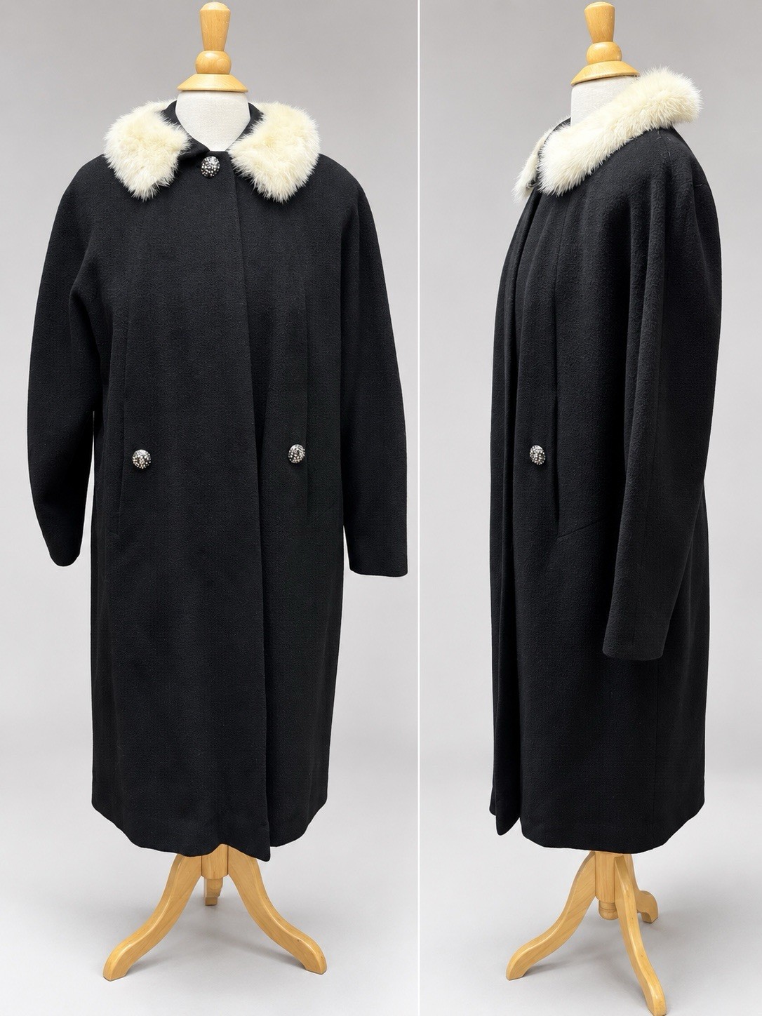 Vintage 50s Bernard Altman 100% Imported Cashmere Black Swing Coat Satin Lining