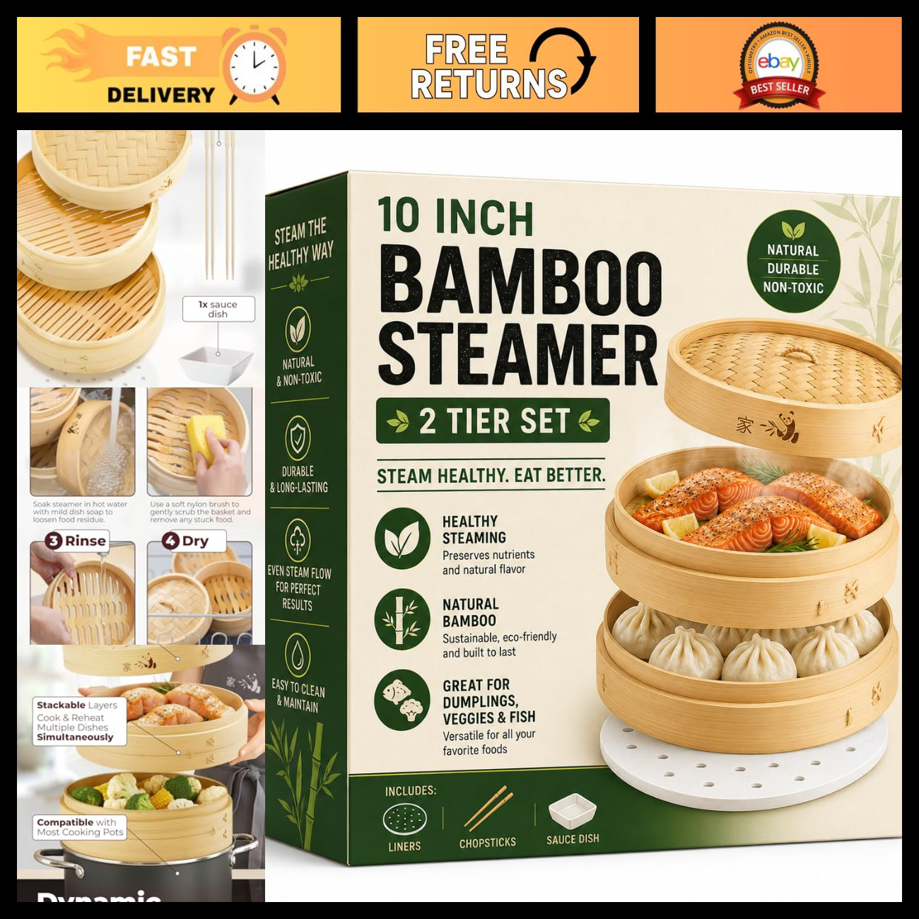 54-Piece Bamboo Steamer Basket Set, 10 Inch - Perfect for Healthy Cooking & Auth