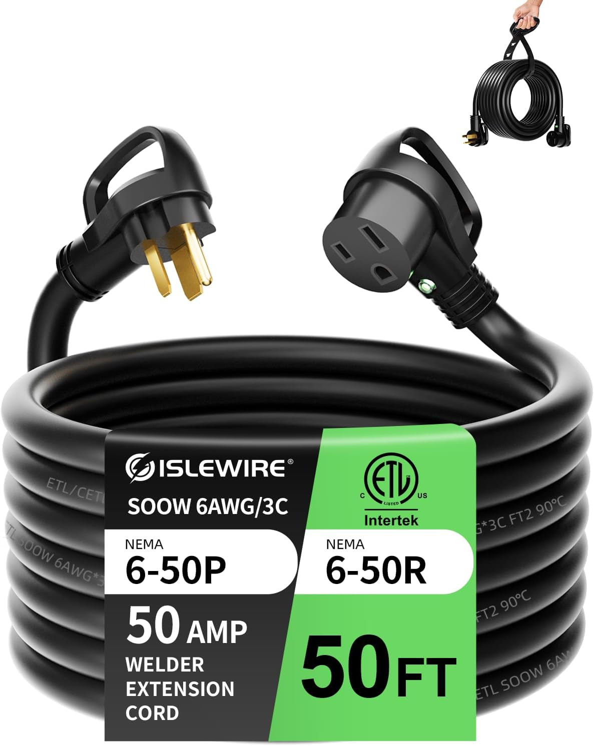 6 AWG 250V SOOW Welder Extension Cord, 50Ft Outdoor NEMA 6-50 Welder Cord with L