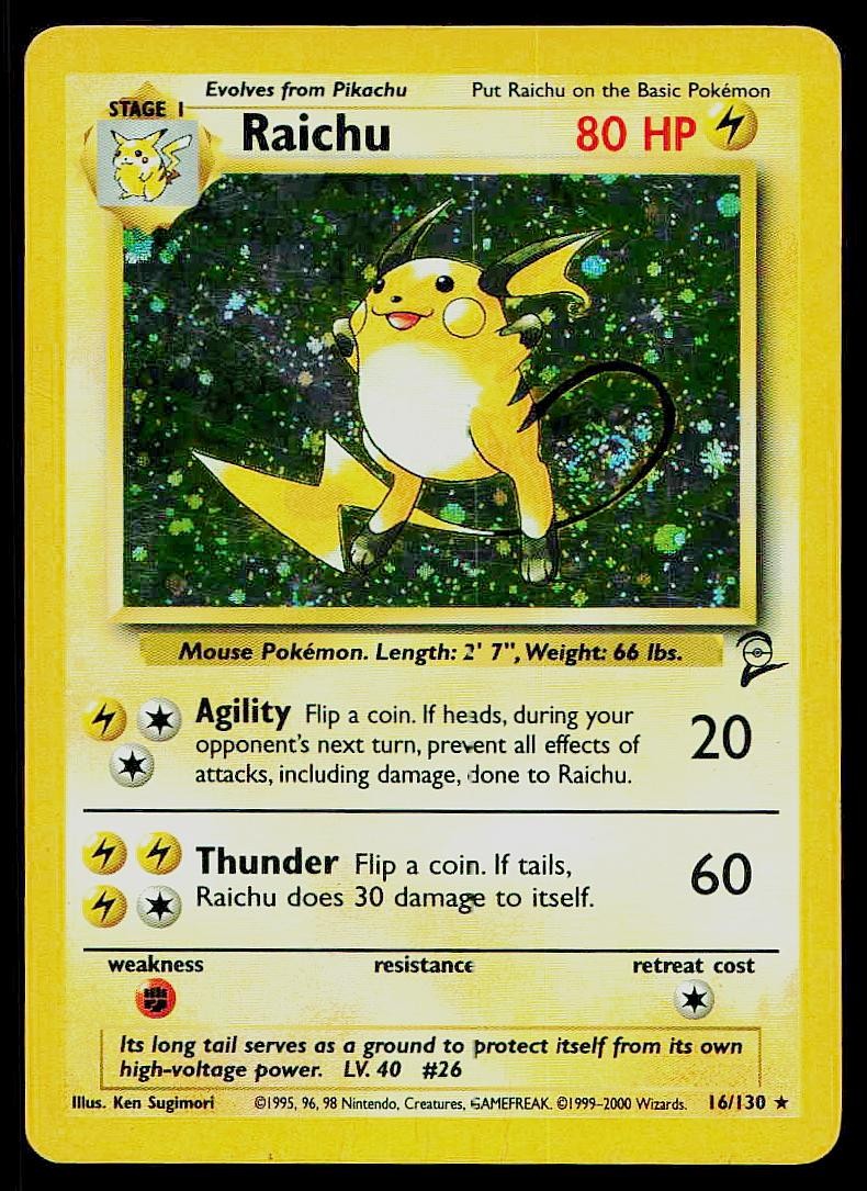 Pokemon Card Base Set 2 Raichu 16/130 Holo Rare TAIL SWIRL Pokemon Card Base Set 2 Raichu 16/130 Holo Rare TAIL SWIRL